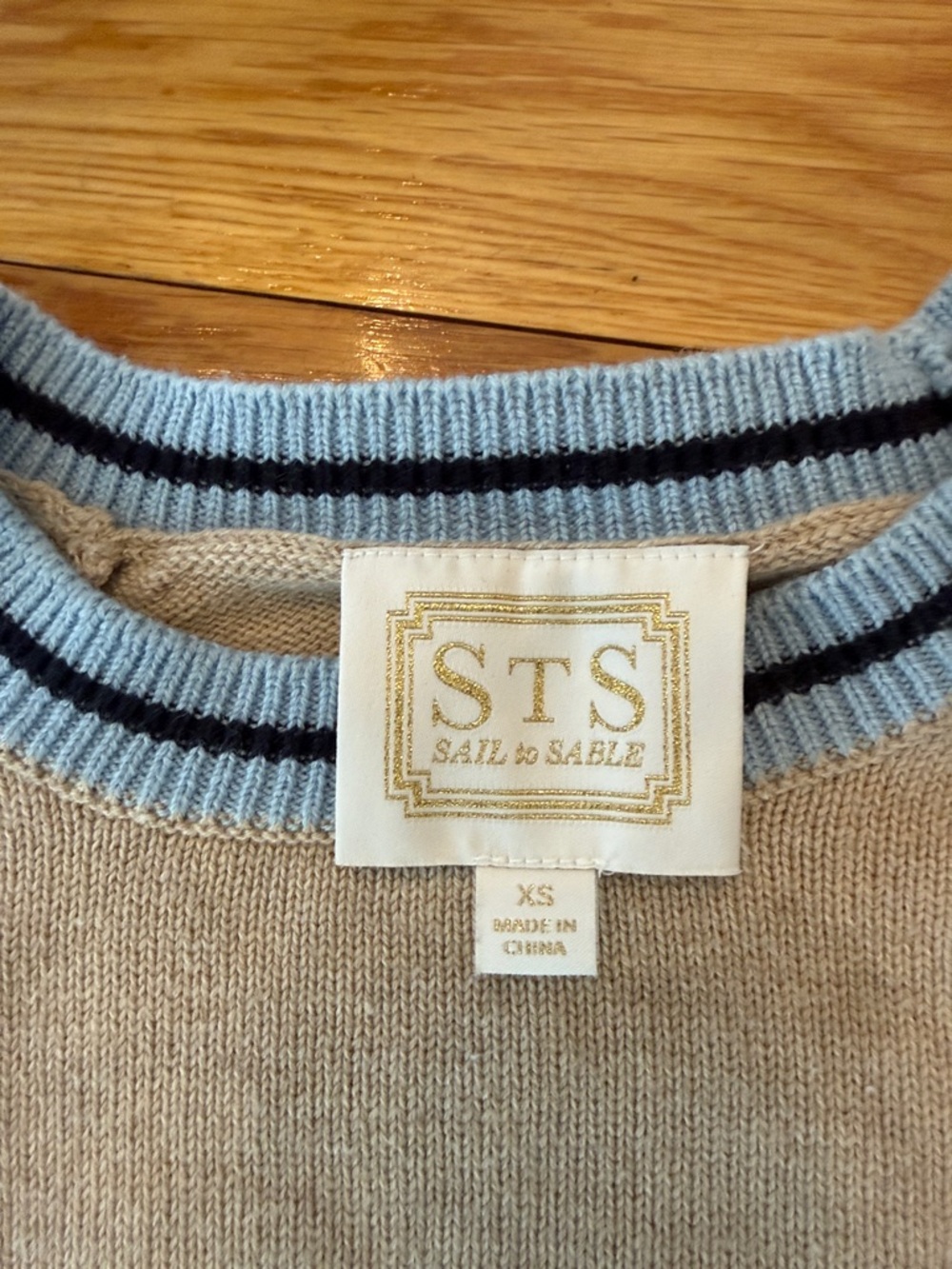 Sail to Sable Beige Sweater Light Blue & Navy Trim xtra small XS merino cotton - Picture 2 of 5